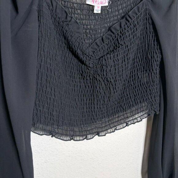 A'Gaci Blouse Women's Medium Sheer Black Cropped Smocked Long Sleeve Top - Picture 3 of 8